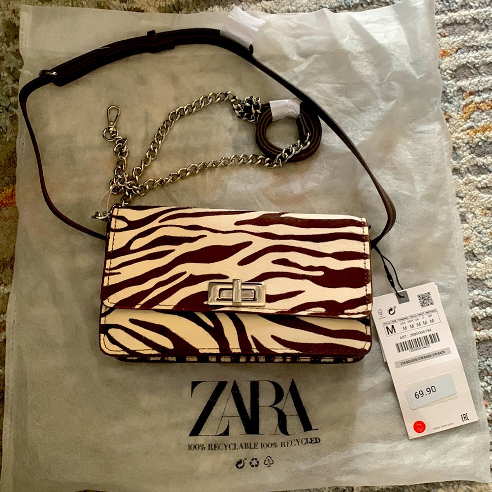 Zara suede leather crossbody bag. Twist lock. Chain handle with dust bag.